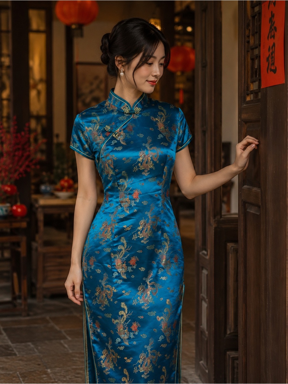 Blue Traditional Chinese Cheongsam Dress Kimono Dragon and Phoenix - Picture 1 of 13